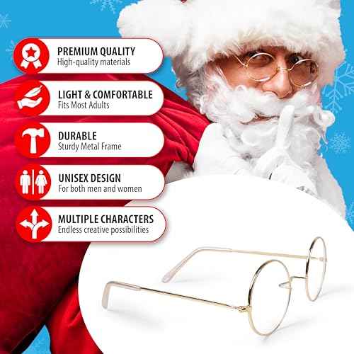 Kangaroo Gold Santa Claus Costume glasses - Round Fake Glasses For Men and Kids - Circular Glasses Spectacles - Metal Frame Plastic Lenses - Non Prescription - Nerd Halloween Cosplay Apparel