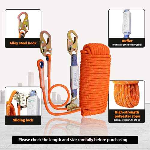 Fall Protection Safety Rope 25ft Heavy Duty Vertical Roofing Grab Snap Hook Shock Absorber Fall Protection Line Kit Restraint System Roofing Safety Equipment(25FT)