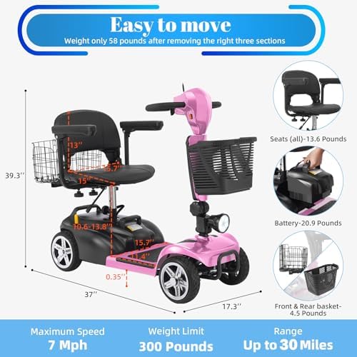 30-60 Miles Ecomobi MS02 Long Range 4 Wheels Electric Mobility Scooter for Adults/Seniors, 350W E-Wheelchair Device w/25Ah Extended Battery, Dual Baskets Compact Mobile for Travel(FSA Eligible)