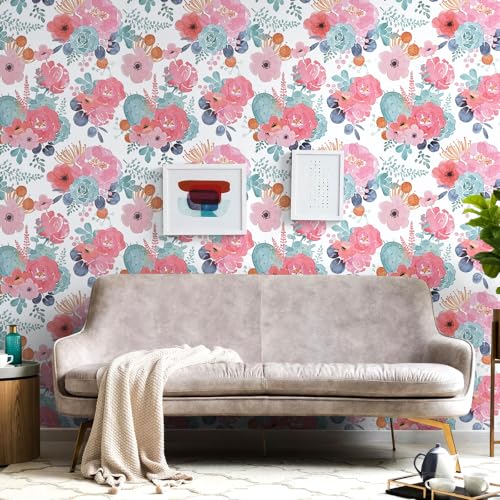 WENMER Floral Peel and Stick Wallpaper, Pink/Green/White Peony Wallpaper, Floral Contact Paper for Desk, Self Adhesive Vinyl Wall Paper for Bedroom Kitchen Classroom Furniture 17.7" x 118"