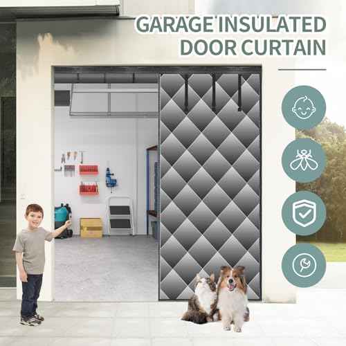 Garage Door Screen for Winter, Sunmoxia 9 * 7Ft Magnetic Thermal Insulated Door Curtain, Upgraded Oxford Cloth Filled with Thicken Polyester Fiberfill, Windproof Insulation Cover Blanket (Grey)