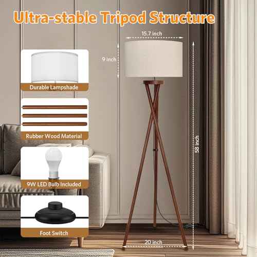 Wood Tripod Floor Lamp, Modern Design Light, Flaxen Lamp Shade with 3 Color Temperatures LED Bulb, Mid Century Standing Lamp for Living Room, Bedroom, Study Room and Office, Brown
