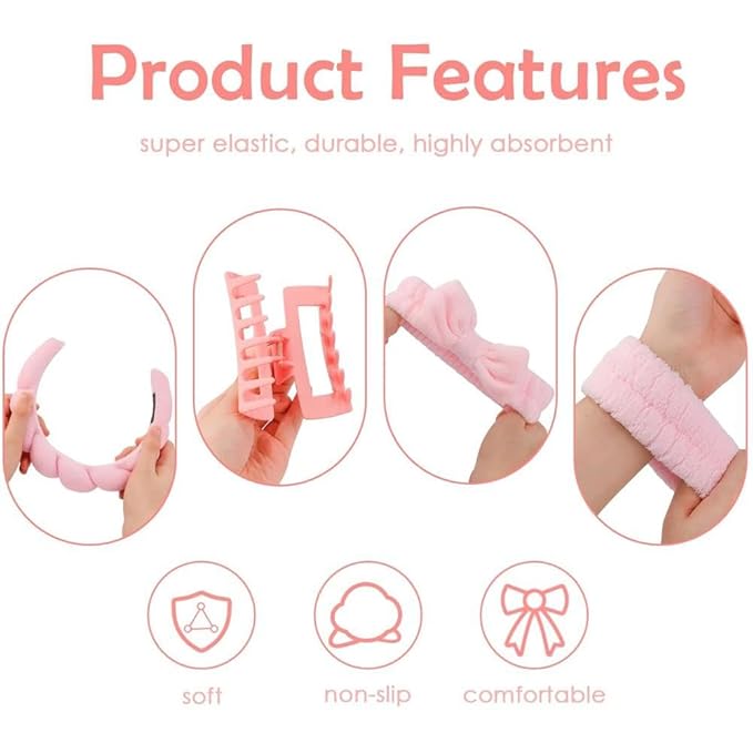 5 Pcs Spa Headbands for women and girls face washing, makeup, facial skin care, fluffy sponge SPA hairband bow hairband hairpin wristband set. (pink)