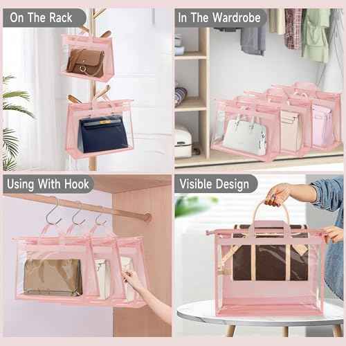 Vercord Clear PVC Handbag Dust-Free Cover Moistureproof Purse Storage Bag Organizer with Handle Zipper Space-Save Holder for Closet Pink XL 3Pcs