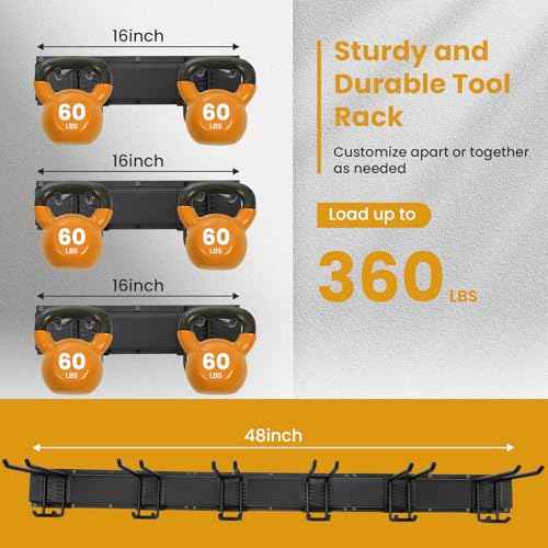 Garage Tool Organizer Wall Mount, 48" Heavy Duty Black Rack with 3 Rails & 6 Double Hooks, Wall Mounted Tool Hanger for Rakes, Shovels, Brooms, Ideal for Garage, Shed, Workshop