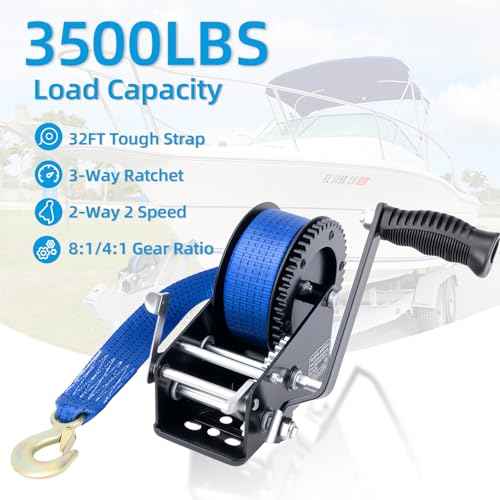 3500LBS Heavy Duty Boat Trailer Winch with 32FT Strap, 2-Way Ratchet, 4:1/8:1 Gear Trailer Winch, Portable Hand Crank for Boat, Truck, Trailer, RV, ATV, Jet Ski