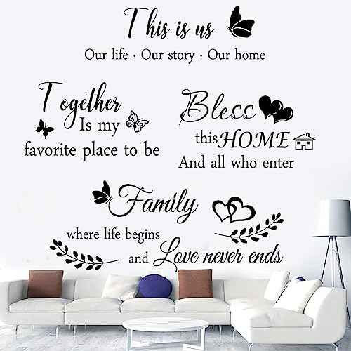 4 Pieces THIS IS US TOGETHER BLESS THIS HOME Wall Decor Signs - Vinyl Wall Stickers for Living Room, Bedroom, Home Office, Teen Dorm