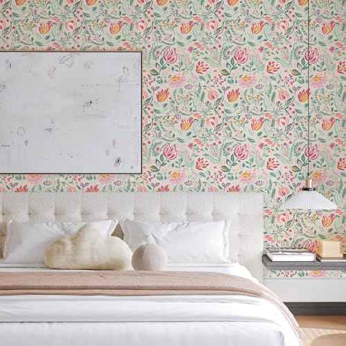 Colorful Peel and Stick Wallpaper Kids Cute Floral Contact Paper for Cabinets Self Adhesive Removable Contact Paper Fun Flower Garden Wallpaper for Bedroom Bathroom Waterproof 17.3inW 78.7inL