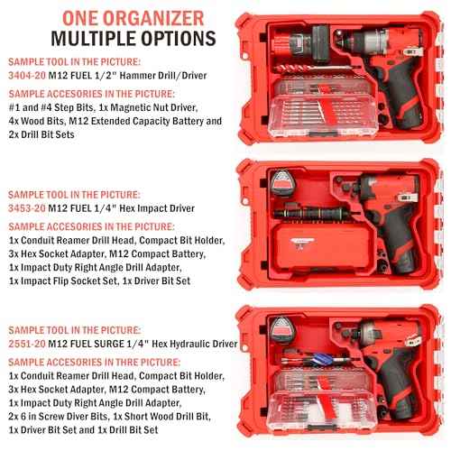 Compact Tool Organizer made for Milwaukee Packout compatible with M12 3404-20 Hammer Drill or 3453-20 Impact Driver or 2551-20 Surge Hydraulic Driver, Accessories and Batteries for Enhanced Protection