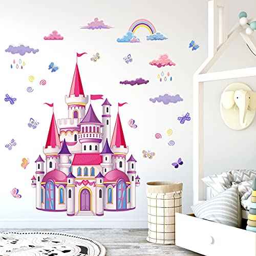 Princess Castle Removable Fairy Tale Wall Decals for Kids - Waterproof Nursery Bedroom Playroom Wall Stickers, Cartoon Castle Wall Art for Girls Room and Kindergarten Classroom Decor