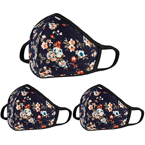 3PCS Floral Face Mask - Outter Navy Blue Inner White Cotton - Reusable Cloth Comfy Breathable Material - for Outdoor Half Face Protections - Cute Face Protections for Women Man
