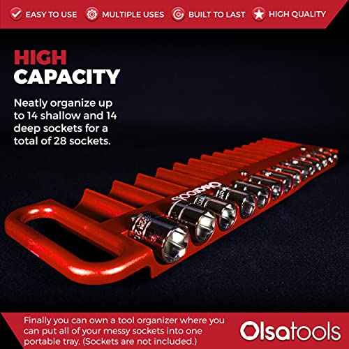 Olsa Tools Magnetic Portable Socket Organizer Tray - 3/8-Inch Drive - Red Holder for Deep & Shallow Sockets - Fits up to 1" SAE or 24mm Metric - Quality Tool Organizer for Professionals - Part 1076
