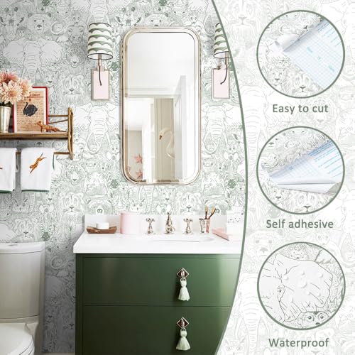 Heroad Peel and Stick Wallpaper Green Contact Paper 17.3"x78.7" Animal Wall Paper Modern Removable Self Adhesive Wallpaper for Bedroom Bathroom Wall Waterproof Papel Tapiz para Pared