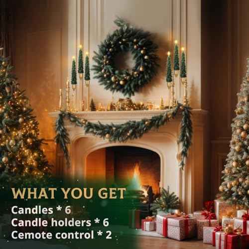 Honoson 6 Sets Flameless Christmas Tree Taper Candles with Holders Remote Control, LED Taper Candles AAA Battery Operated Flickering Candlesticks for Window Fireplace (Gold,Classic Style)