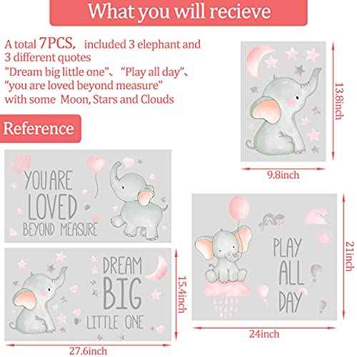 Outus 7 Pcs Dream Big Little One Elephant Nursery Wall Stickers Wall Decor Baby Room Moon Hot Air Balloon Pink Grey Stars Decals for Kids Living Room Bedroom Decorations Home Decor