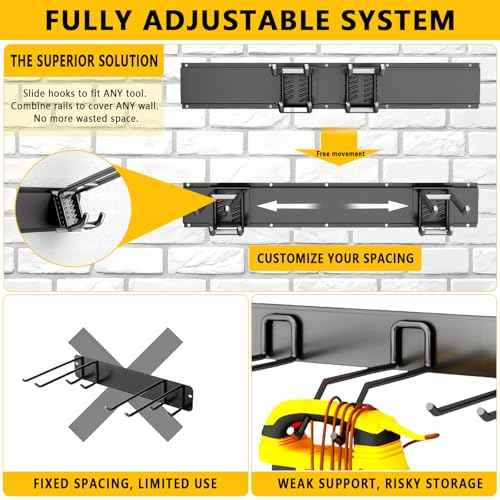 Garage Tool Organizer Wall Mount, 32inch Heavy-Duty Garage Storage System and Garden Tool Organizer with 4 Adjustable Hooks for Shovel, Snowboard, Yard Tools and Shed