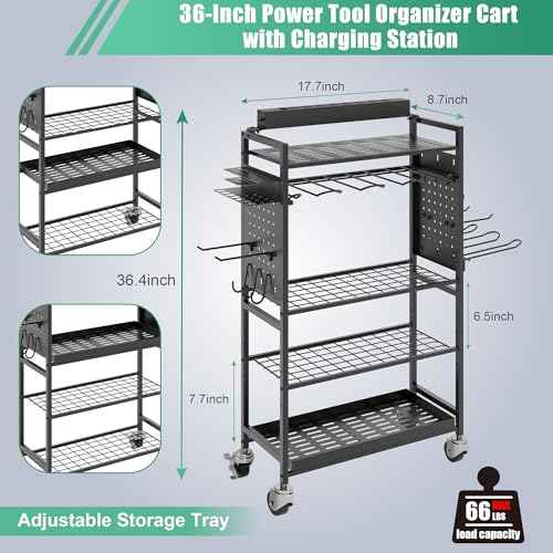 Power Tool Organizer Cart with Charging Station, Garage Rolling Storage with Drill Holder, Utility Rack for Cordless Tools, Battery & Screwdriver Shelf on Wheels, Tool Chest,Gifts for Dad Husband