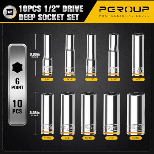 10PCS 1/2¡± Drive Deep Socket Set, SAE (3/8"-15/16"), 6-Point, Cr-V Steel, Chrome Plated Socket With Hanging Bracket, Cover Most Commonly Sizes