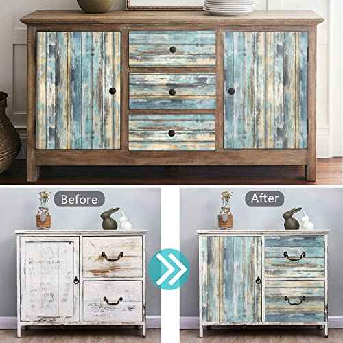 Wood Contact Paper 15.7"x118" Self-Adhesive and Removable Wood Wallpaper Peel and Stick, Blue Distressed Wood Grain Contact Paper for Cabinets Waterproof Stick on Wall Paper
