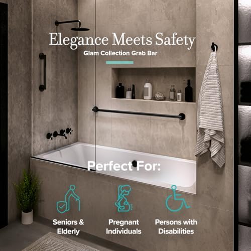 Gatco 966MX Glam 36" L Grab Bar, Matte Black/ADA Compliant Stainless Steel Safety Grab Bar for Bathroom