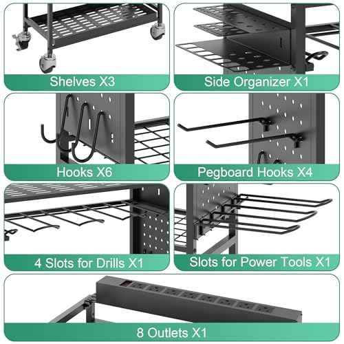 Power Tool Organizer Cart with Charging Station, Garage Rolling Storage with Drill Holder, Utility Rack for Cordless Tools, Battery & Screwdriver Shelf on Wheels, Tool Chest,Gifts for Dad Husband