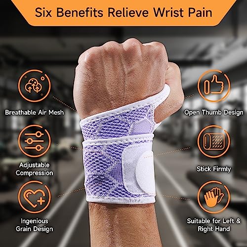 Sport Slim Wrist Wrap - Wrist Brace for Carpal Tunnel Relief, Neoprene-Free Compression Wrist Support for Workout, Adjustable Wrist Guards Fit Right Left Hand(Violet, 2 Pack)