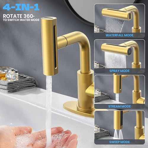 Gold Bathroom Faucet with Sprayer - Brushed Gold Bathroom Faucets for Sink 1 Hole or 3 Holes, 4 Mode Single Handle Vanity Faucet Waterfall Bathroom Faucet with Pull Down Sprayer (No Drain)