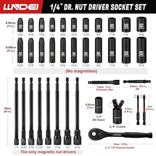 LLNDEI 1/4" Drive Socket Set & Nut Driver Set 38PCS,1/4-Inch Sockets Deep&Shallow SAE 5/32" to 9/16"? with Ratchet, Hex Shank 6" Long Nut Drivers(1/4" to 9/16") for Drill Bits(PH1 PH2)