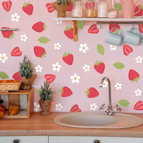 Strawberry and White Flower Stickers for Wall, Fruits Kitchen Decor, Wall Decor for Girl Bedroom (S)
