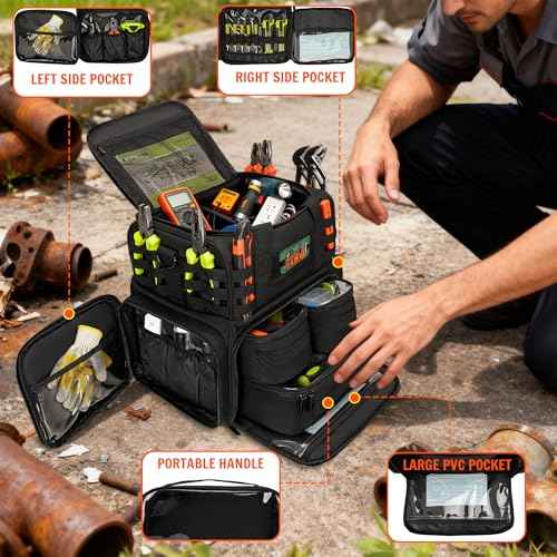 Tactical Tool Bag with 3 Inner Pouches, Portable Handheld and Shoulder Sling Tool Tote Organizer with MOLLE System, Large Capacity for Electricians, Technicians, Repairman, HVAC Techs, Black
