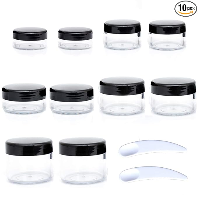 10pcs Small Travel Containers, Black Sample Jars with Screw Lids, 5 Size 3/5/10/15/20 Gram, 12pcs Labels and 2pcs Mini Disposable Spatula, Makeup Sample Containers BPA Free