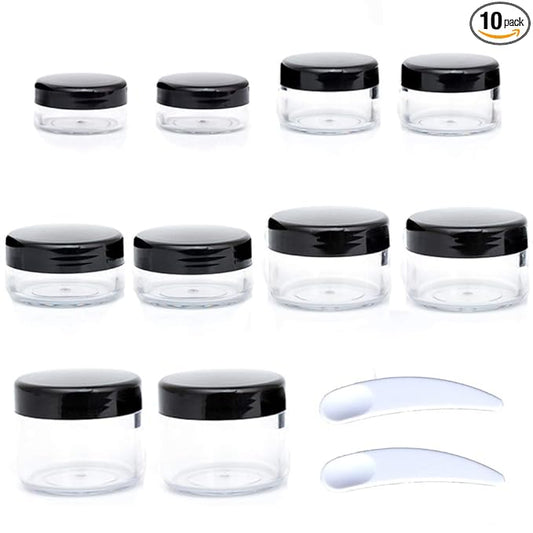 10pcs Small Travel Containers, Black Sample Jars with Screw Lids, 5 Size 3/5/10/15/20 Gram, 12pcs Labels and 2pcs Mini Disposable Spatula, Makeup Sample Containers BPA Free