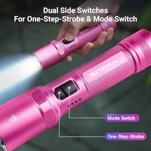 NEXTORCH P80B Rechargeable Pink Flashlight High Lumens, Powful 2100 Lumens LED Tactical Strobe Flashlight with 5 Modes for Self Defense, Security, Safety, Outdoor Adventure, Self-Protection, Daily Use