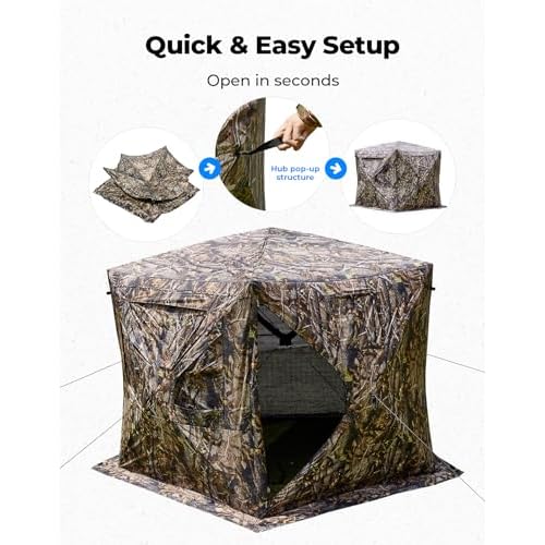 KEMIMOTO Hunting Blinds Ground for Turkey 3-4 Person, 270 Degree See Through with Removable Waterproof Rain Cover and Camouflage Straps, Pop Up Hunting Tent with Safety Reminder Markings (9ft Size)