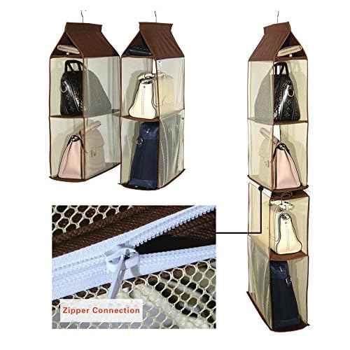 Detachable 4 Compartment Pouch Hanging Handbag Organizer Clear Purse Bag Storage Holder Wardrobe Closet Space Saving Organizers System for Living Room Bedroom(Pack of 2 Brown)