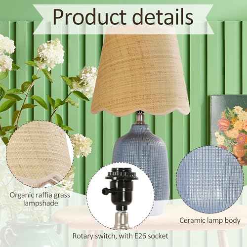 Pia Ricco 19" Modern Ceramic Table Lamp for Living Room Gray Bule Base Desk Lamps for Bedroom Farmhouse Bedside Nightstand Lamp End Table Lamps,Bule,Rattan Shade