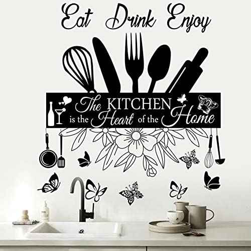 Wall Stickers - The Kitchen Is the Heart of Home Sign Decor, Eat Drink Enjoy Quotes, Removable DIY Vinyl Art for Living Room, Dining Room