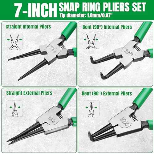 SK 4-Piece Snap Ring Pliers Set, 7-Inch Internal/External Circlip Pliers with Straight/Bent Jaw, Tip Diameter 0.07'', Premium CR-V Steel