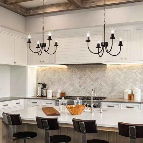 Modern Black Chandeliers for Dining Room, with White Linen Fabric Shade, Adjustable Height Rustic Small Farmhouse Lighting Fixture for Foryer, Entryway, Kitchen, Bedroom (4-Lights)
