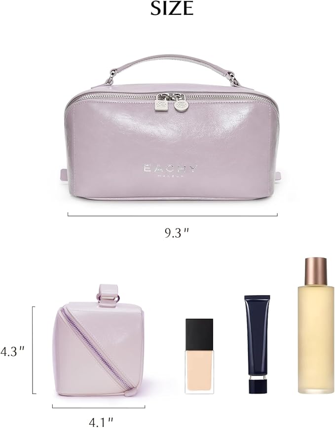 EACHY Travel Makeup Bag, Large Capacity Cosmetic Bag for Women, Waterproof PU Leather, Flat Open Portable Toiletry Bag for Skincare, Brushes & Travel Essentials
