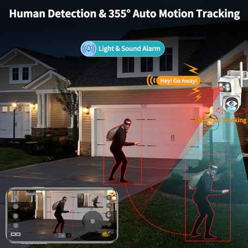 Dual Lens Security Camera Outdoor,WiFi Camera for Home Security,Home Survaillance Outdoor,PTZ,2-Way Audio, Auto Tracking,Night Vision,24/7 Continous Record,IP65 Weather Proof