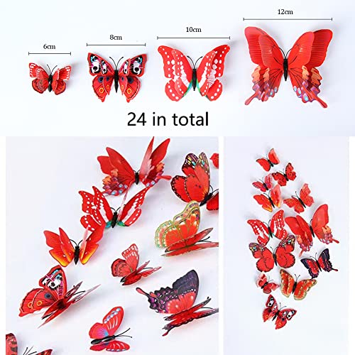 CL-Link 24PCS 3D Butterfly Wall Decals Red Double Layer Butterflies Wall Stickers Removable Butterfly Decor for Home Bedroom Kids Room Decor
