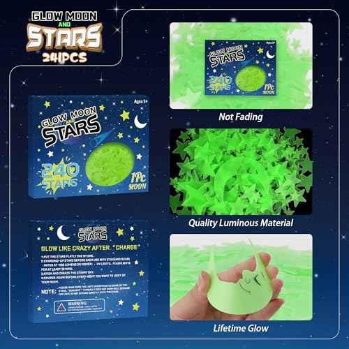 241PCS Glow in The Dark Stars Stickers, 3D Glow in The Dark Stars for Ceiling Wall Room Decor for Teen Girls Boys Kids Luminous Wall Stickers for Bedroom Party Night Holiday Birthday Gift (Green)