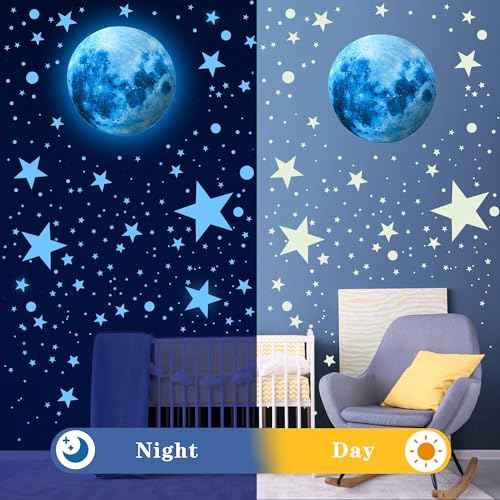 492 Glow in The Dark Stars & Moon Space Galaxy Universe Planet Wall Decals - Blue Glowing Stars Stickers for Kids Bedroom, Nursery & Living Room Decor