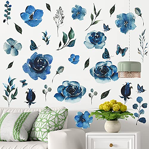 4 Sheets Watercolor Blue Roses Wall Decals Art Flowers Wall Stickers Removable Hay Leaf Flower Bud DIY Vinyl Peel and Stick Mural for Girls Bedroom Living Room Sofa Backdrop TV Wall Home