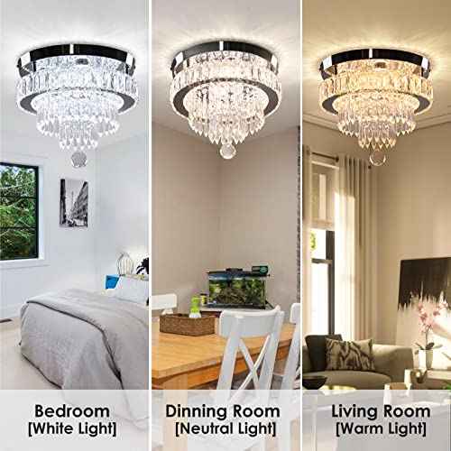 11.8" Dimmable Crystal Chandelier Crystal Ceiling Light Modern Chandeliers Flush Mount Ceiling Light Lamp Fixture for Dining Room Living Room Bedroom Hallway Remote Control