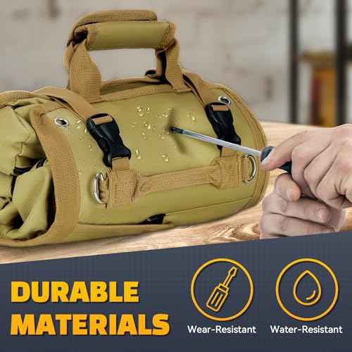 Tomorotec Heavy Duty Roll Up Tool Bag Organizer - Tool Roll Bag with 2 Detachable Pouches, Labeled Compartments & Expandable Pockets - Compact, Portable Storage