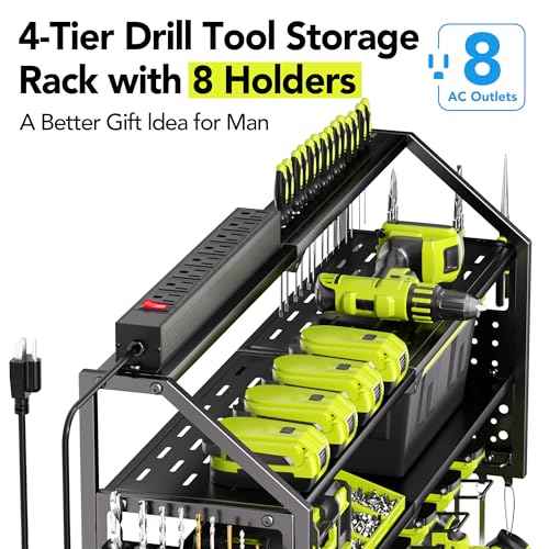 Power Tool Organizer Wall Mount with Charging Station, 8 Drill Holder with 8-Outlet Power Strip, Garage Cordless Drill Storage and Organization, Battery Utility Rack