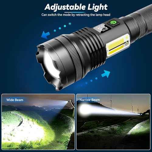 High Lumens Rechargeable LED Flashlights,Extremely Bright Tactical Flashlight,10,000 Lumens with COB Work Light,10 Modes & IP67 Waterproof & Zoomable Flash Light for Home,Camping,Hunting,Emergency