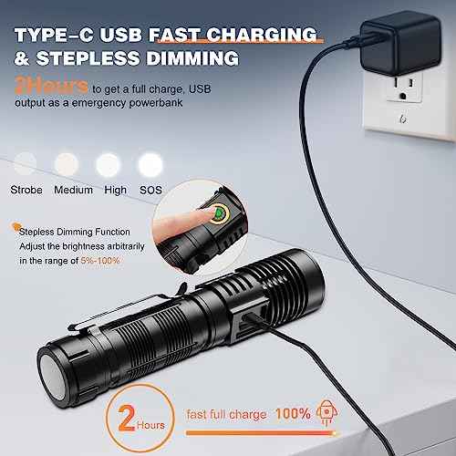 Rechargeable Tactical Flashlights High Lumens - 1500 Meters Long Beam Super Bright LED Magnetic Flashlight USB Zoomable 5Modes Small Long Beam Spotlight Flashlight for Hiking, Camping